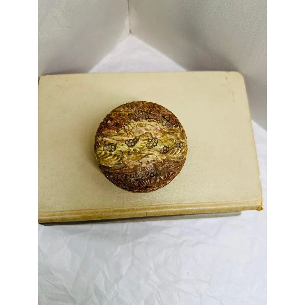 Vintage Chinese Hand Carved Stone Trinket Box Lion 3x1.75